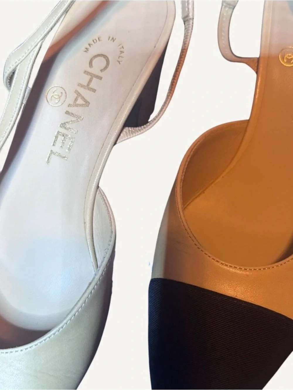 Chanel Lambskin Beige Black Cap Toe Slingback Heels 36.5